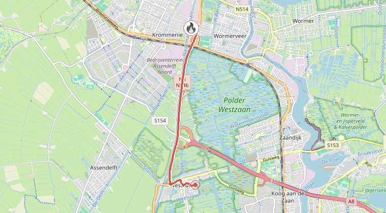 Kaart van de omgeving van de melding, met de kazerne die is gealarmeerd