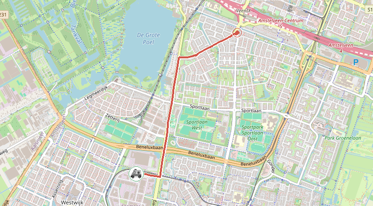Kaart van de omgeving van de melding, met de kazerne die is gealarmeerd