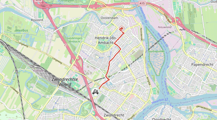 Kaart van de omgeving van de melding, met de kazerne die is gealarmeerd