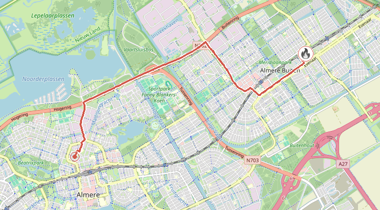 Kaart van de omgeving van de melding, met de kazerne die is gealarmeerd