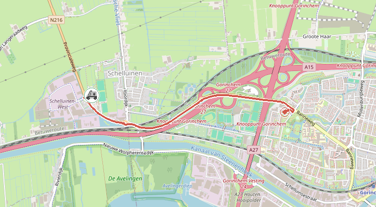 Kaart van de omgeving van de melding, met de kazerne die is gealarmeerd