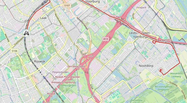 Kaart van de omgeving van de melding, met de kazerne die is gealarmeerd