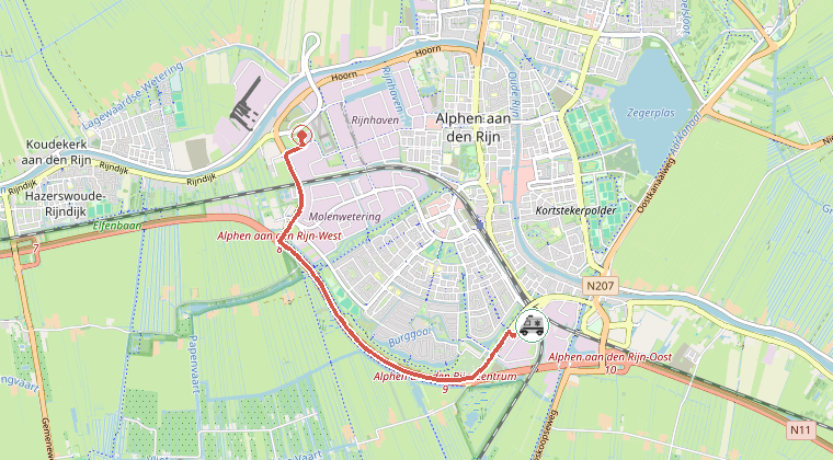 Kaart van de omgeving van de melding, met de kazerne die is gealarmeerd
