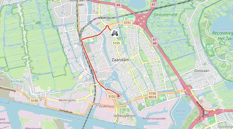 Kaart van de omgeving van de melding, met de kazerne die is gealarmeerd