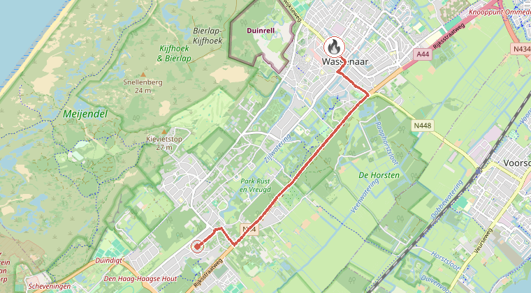 Kaart van de omgeving van de melding, met de kazerne die is gealarmeerd