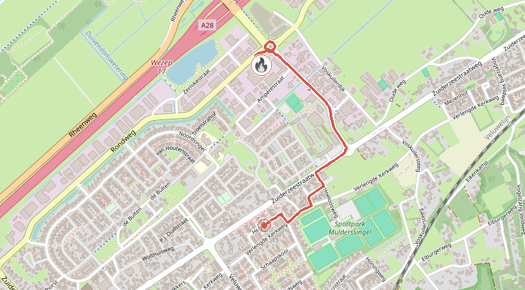 Kaart van de omgeving van de melding, met de kazerne die is gealarmeerd