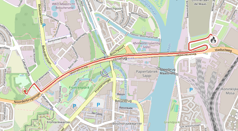 Kaart van de omgeving van de melding, met de kazerne die is gealarmeerd