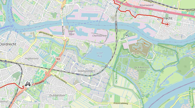 Kaart van de omgeving van de melding, met de kazerne die is gealarmeerd