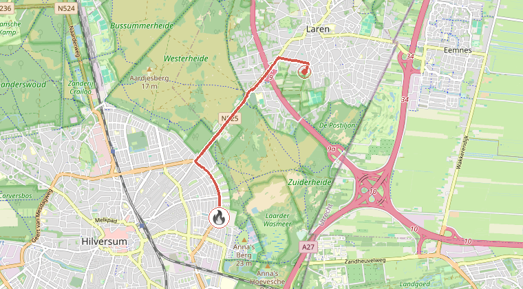 Kaart van de omgeving van de melding, met de kazerne die is gealarmeerd