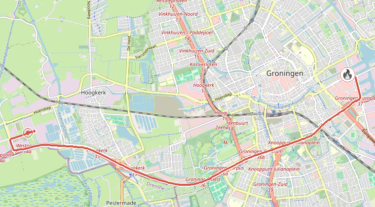 Kaart van de omgeving van de melding, met de kazerne die is gealarmeerd