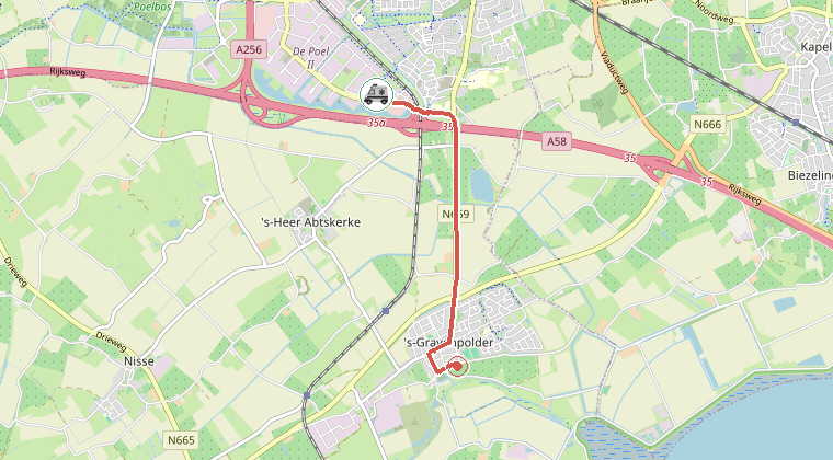 Kaart van de omgeving van de melding, met de kazerne die is gealarmeerd
