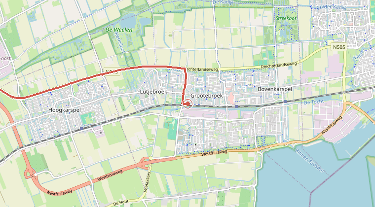 Kaart van de omgeving van de melding, met de kazerne die is gealarmeerd