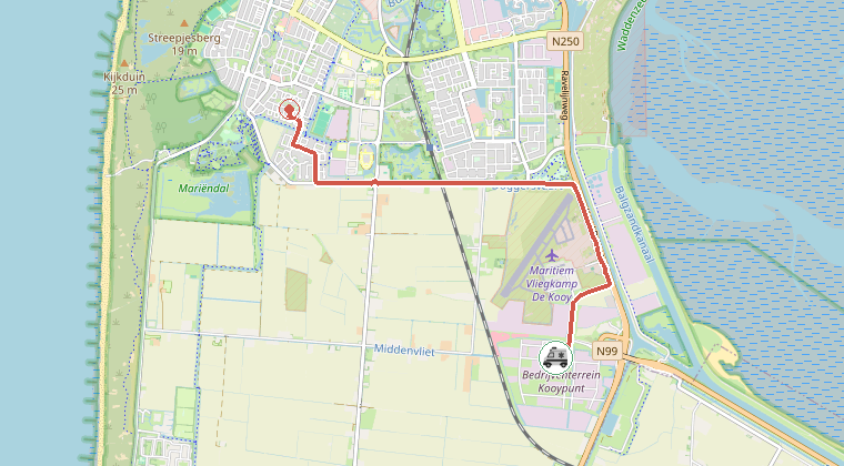 Kaart van de omgeving van de melding, met de kazerne die is gealarmeerd