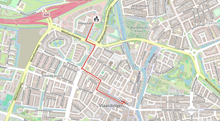 Kaart van de omgeving van de melding, met de kazerne die is gealarmeerd