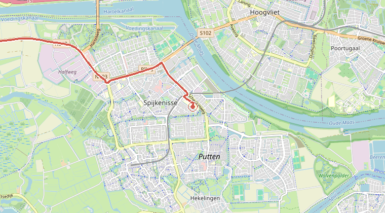 Kaart van de omgeving van de melding, met de kazerne die is gealarmeerd