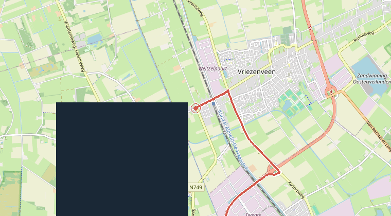 Kaart van de omgeving van de melding, met de kazerne die is gealarmeerd