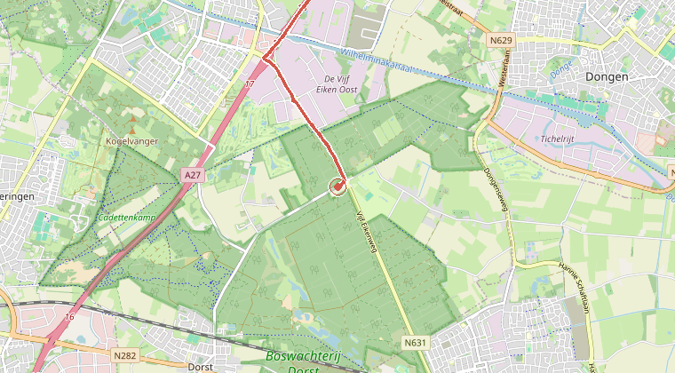 Kaart van de omgeving van de melding, met de kazerne die is gealarmeerd