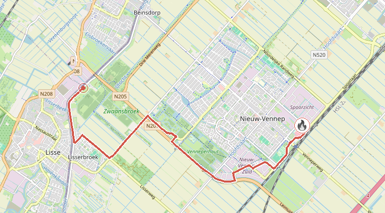 Kaart van de omgeving van de melding, met de kazerne die is gealarmeerd