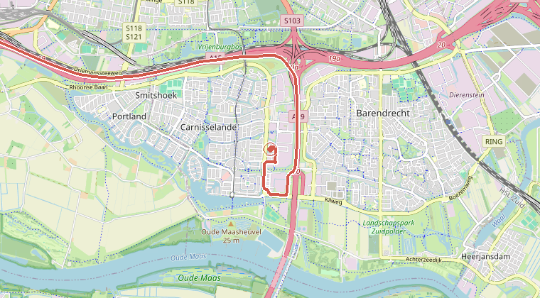 Kaart van de omgeving van de melding, met de kazerne die is gealarmeerd