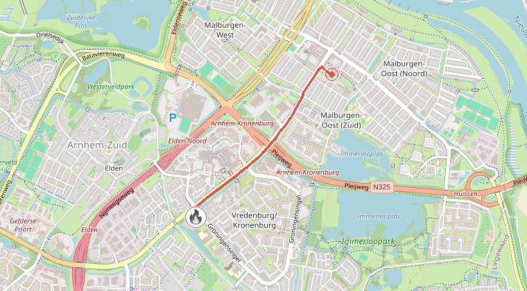 Kaart van de omgeving van de melding, met de kazerne die is gealarmeerd