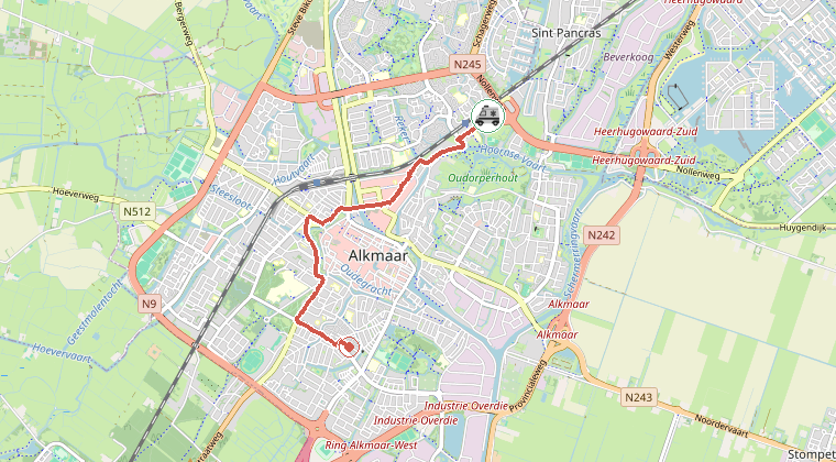 Kaart van de omgeving van de melding, met de kazerne die is gealarmeerd