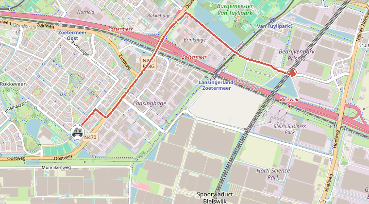 Kaart van de omgeving van de melding, met de kazerne die is gealarmeerd