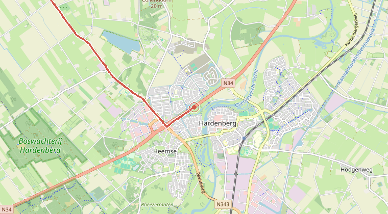 Kaart van de omgeving van de melding, met de kazerne die is gealarmeerd