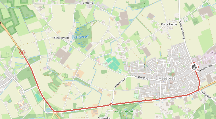Kaart van de omgeving van de melding, met de kazerne die is gealarmeerd