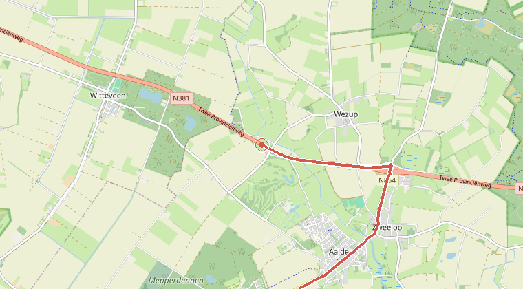 Kaart van de omgeving van de melding, met de kazerne die is gealarmeerd