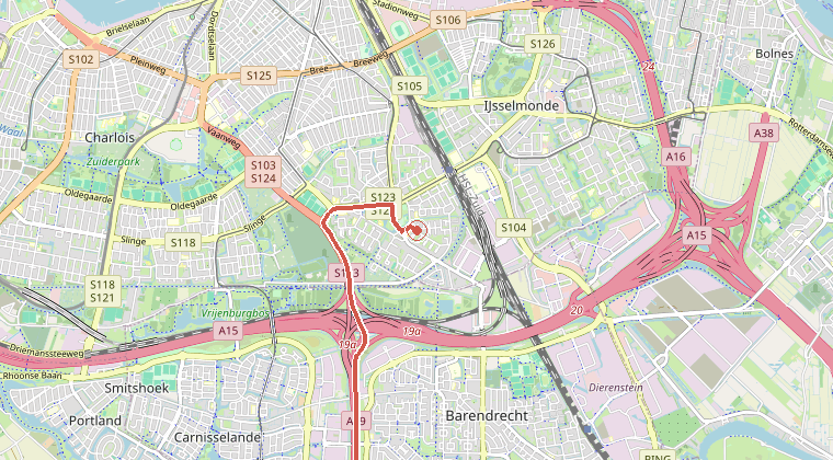 Kaart van de omgeving van de melding, met de kazerne die is gealarmeerd