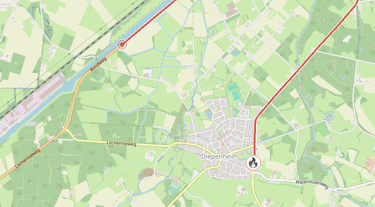 Kaart van de omgeving van de melding, met de kazerne die is gealarmeerd