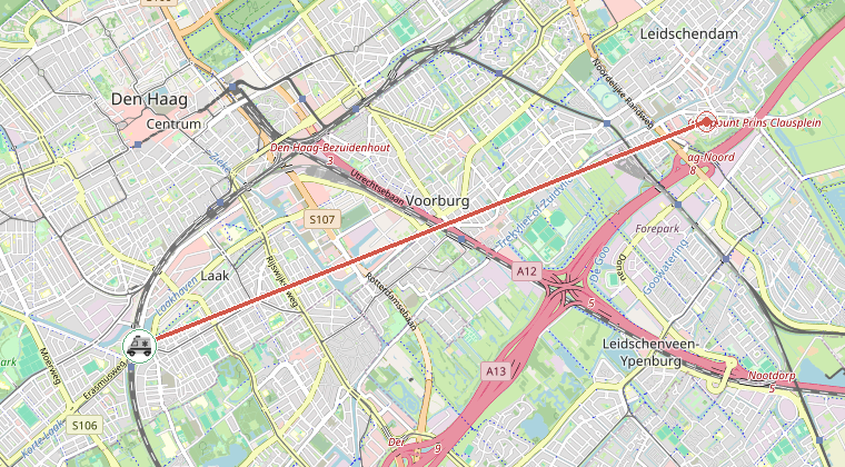 Kaart van de omgeving van de melding, met de kazerne die is gealarmeerd