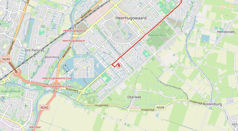 Kaart van de omgeving van de melding, met de kazerne die is gealarmeerd