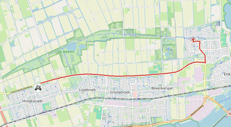 Kaart van de omgeving van de melding, met de kazerne die is gealarmeerd