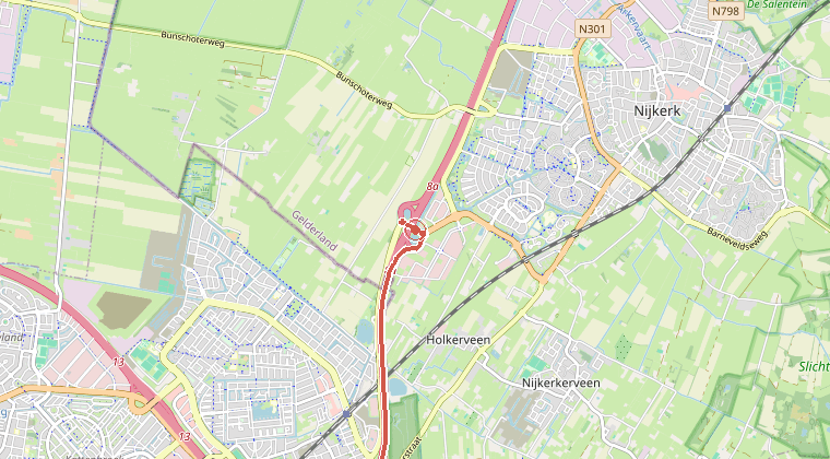 Kaart van de omgeving van de melding, met de kazerne die is gealarmeerd