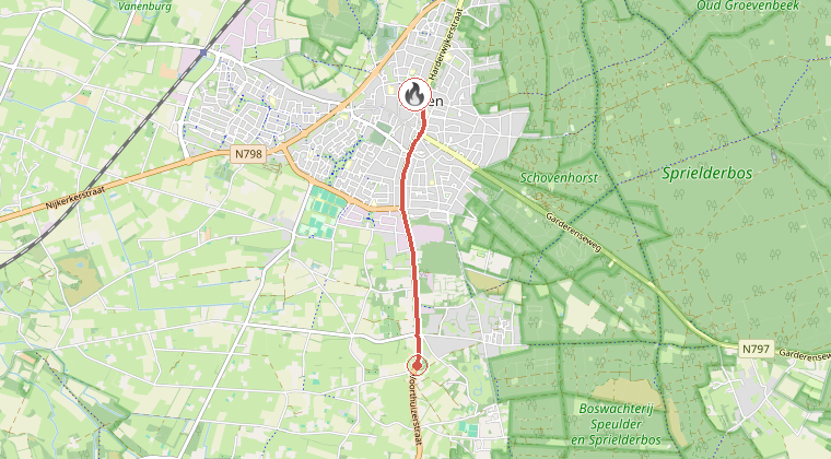 Kaart van de omgeving van de melding, met de kazerne die is gealarmeerd