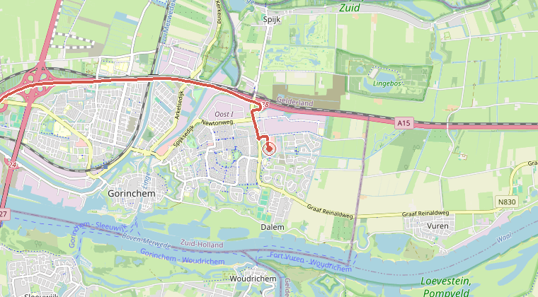 Kaart van de omgeving van de melding, met de kazerne die is gealarmeerd