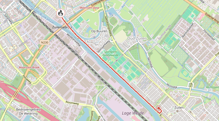 Kaart van de omgeving van de melding, met de kazerne die is gealarmeerd
