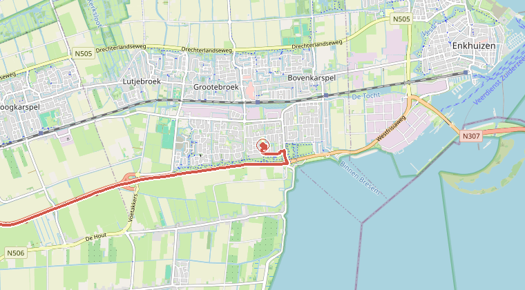 Kaart van de omgeving van de melding, met de kazerne die is gealarmeerd