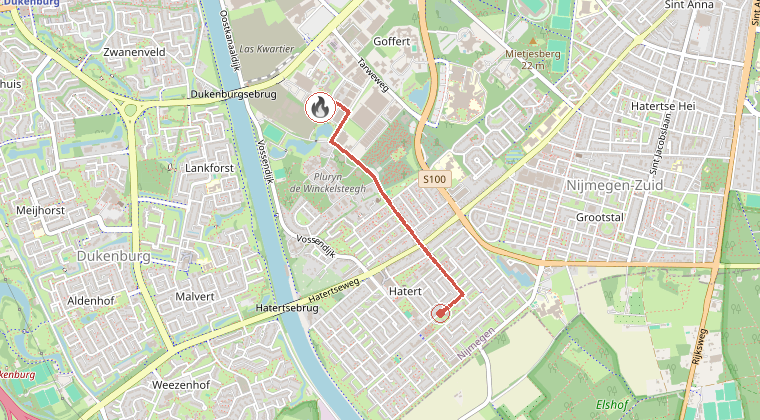 Kaart van de omgeving van de melding, met de kazerne die is gealarmeerd