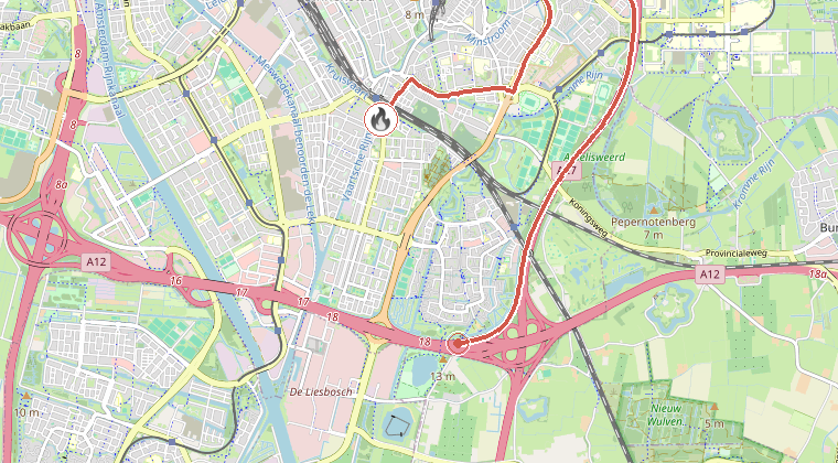 Kaart van de omgeving van de melding, met de kazerne die is gealarmeerd