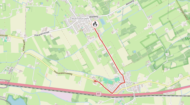 Kaart van de omgeving van de melding, met de kazerne die is gealarmeerd