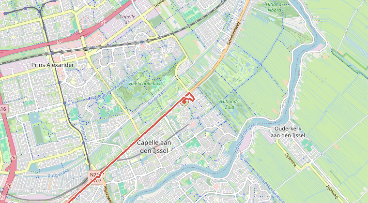 Kaart van de omgeving van de melding, met de kazerne die is gealarmeerd