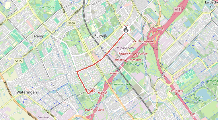 Kaart van de omgeving van de melding, met de kazerne die is gealarmeerd