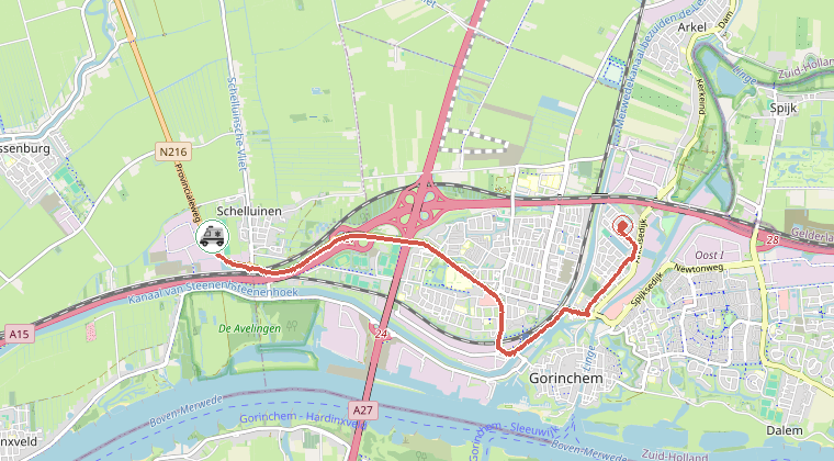 Kaart van de omgeving van de melding, met de kazerne die is gealarmeerd