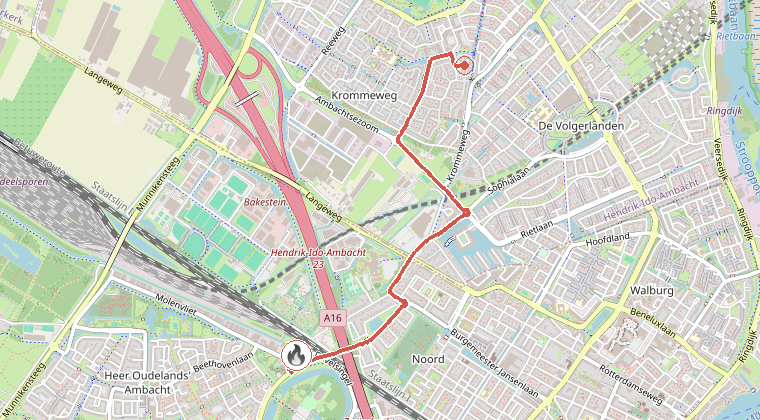 Kaart van de omgeving van de melding, met de kazerne die is gealarmeerd
