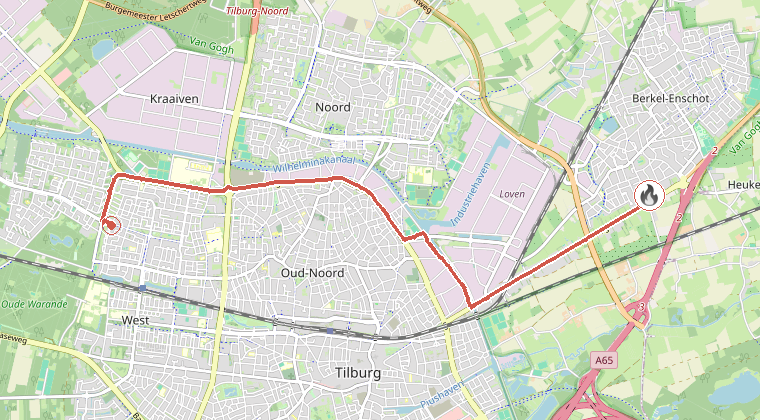 Kaart van de omgeving van de melding, met de kazerne die is gealarmeerd