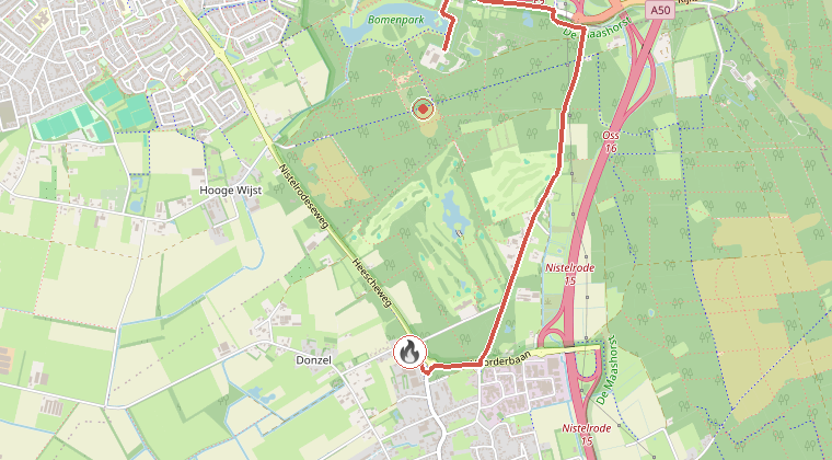 Kaart van de omgeving van de melding, met de kazerne die is gealarmeerd