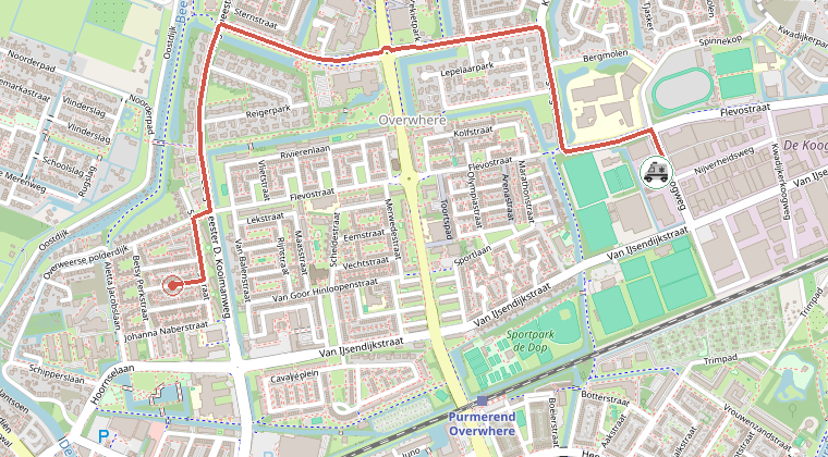Kaart van de omgeving van de melding, met de kazerne die is gealarmeerd