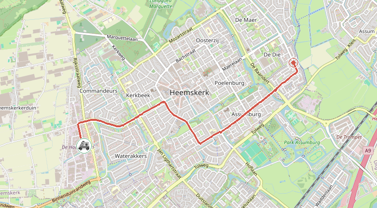 Kaart van de omgeving van de melding, met de kazerne die is gealarmeerd